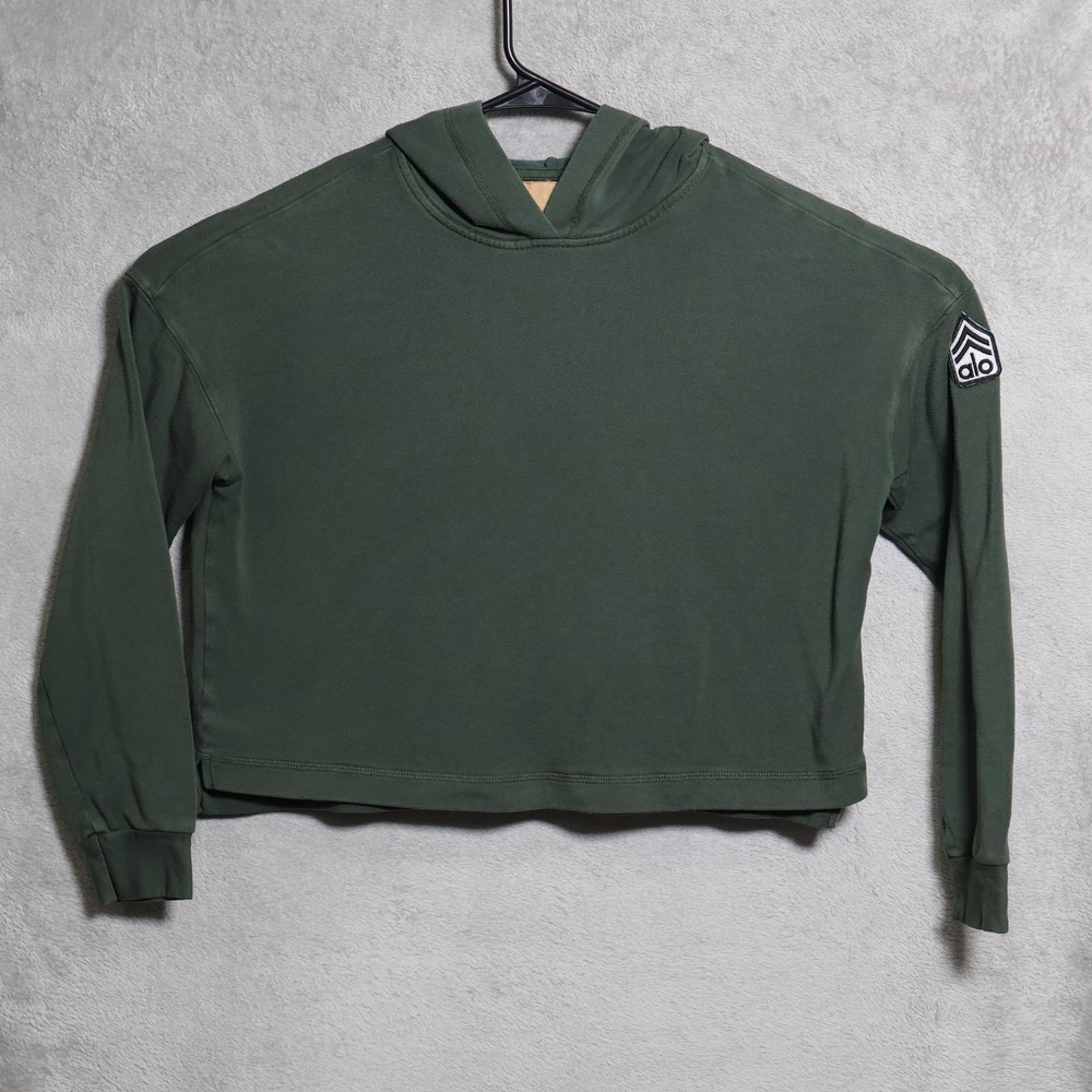 Alo Yoga Hoodie Womens XL Olive Green Cropped Patch Pullover Athletic Military